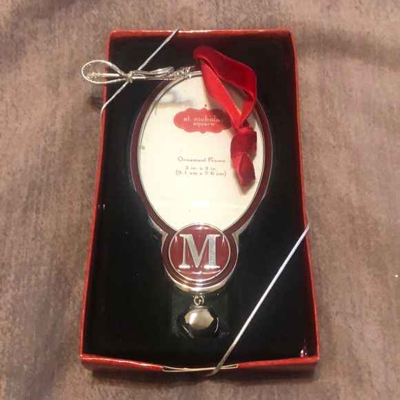 St. Nicholas Square Letter M initial Photo Frame. Red and silver color with bell - Picture 1 of 3